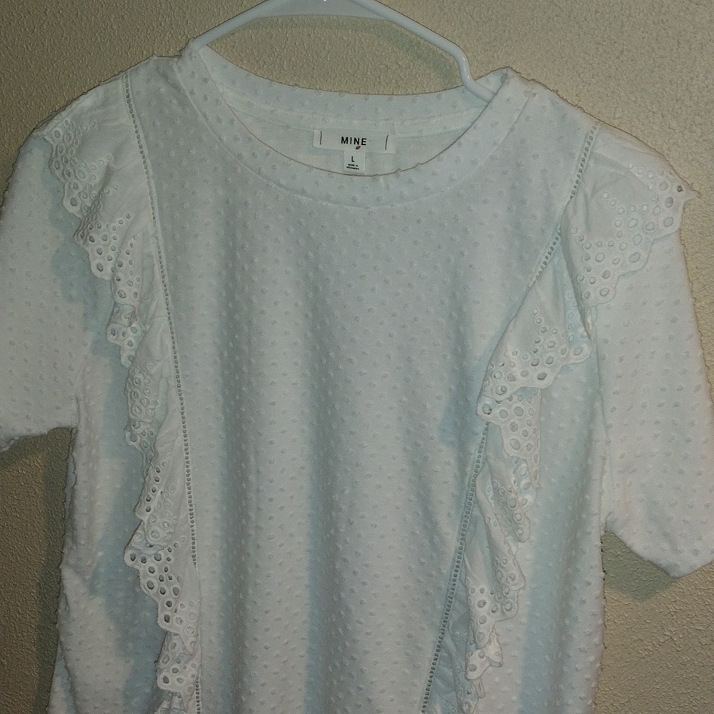 White Mine Short Sleeve Top with Swiss Dot and Eyelet Lace Detail L - Picture 2 of 6